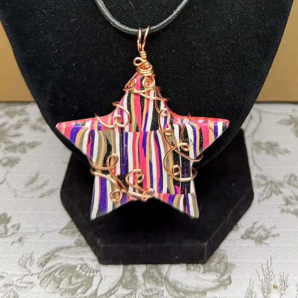 Cooper wire wrap star necklace leather cord